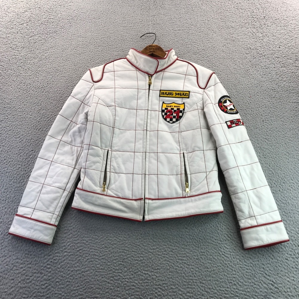 Vintage Baby Phat Jacket Womens Medium White Leather Moto Racing Y2K Insulated